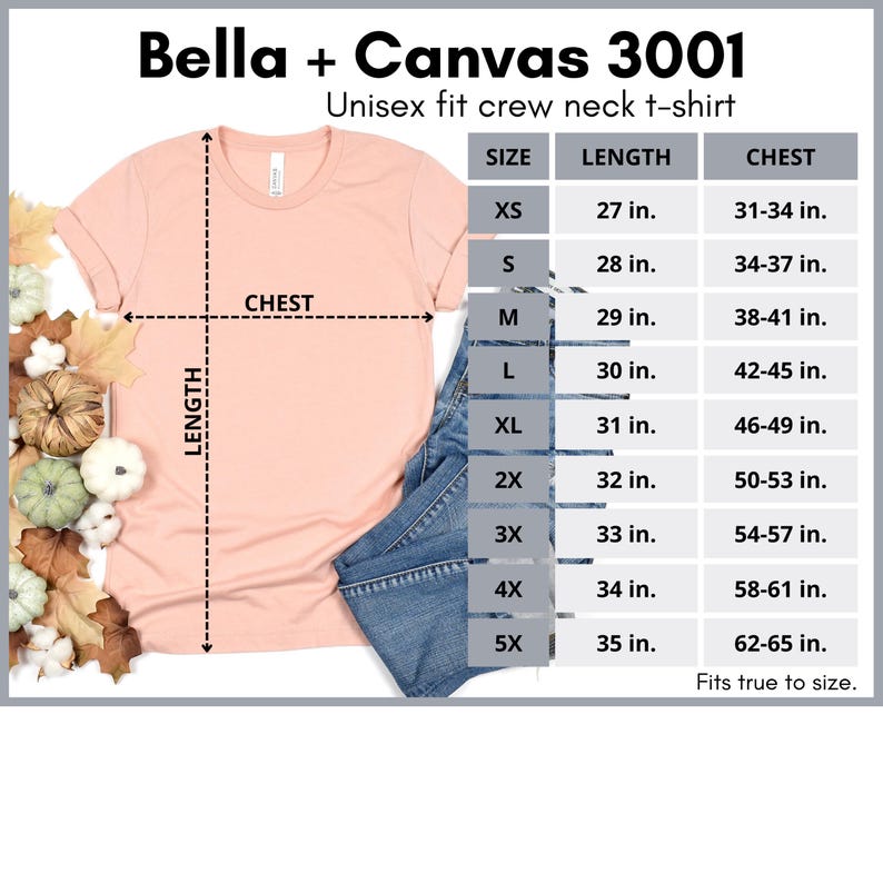 Puede incluir: Una camiseta unisex Bella + Canvas 3001 de color melocot&oacute;n con cuello redondo y una tabla de tallas. La tabla enumera las tallas XS a 5X, con medidas de pecho y largo en pulgadas. La camiseta se muestra con unos vaqueros azules.
