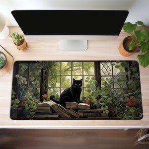 Cottagecore Katzen Schreibtischmatte, schwarze Katzen Mauspad, Ästhetische Vintage Katzen Arbeitsplatz Dekoration, erweiterte Schreibtischmatte, großes Gaming Pad, beruhigendes Büro