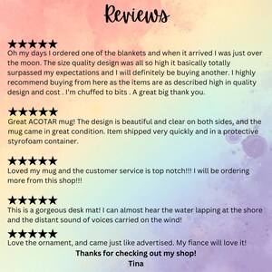 May include: A customer review graphic with the word "Reviews" in a script font at the top. The reviews are written in black text with a five-star rating system. The reviews mention a blanket, mug, desk mat, and ornament.