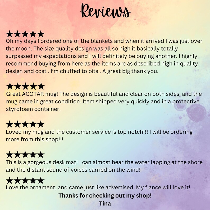 May include: A customer review graphic with the word "Reviews" in a script font at the top. The reviews are written in black text with a five-star rating system. The reviews mention a blanket, mug, desk mat, and ornament.