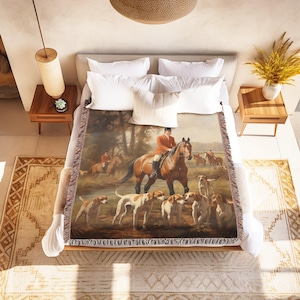 Coperta tessuta con decorazione equestre, scena di caccia alla volpe, coperta per amanti dei cavalli, accogliente arredamento da fattoria, stampa vintage di caccia alla volpe