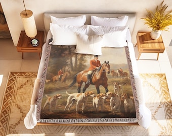 Manta tejida con decoración ecuestre: escena de caza del zorro, manta para amantes de los caballos, acogedora decoración de granja, estampado vintage de caza del zorro