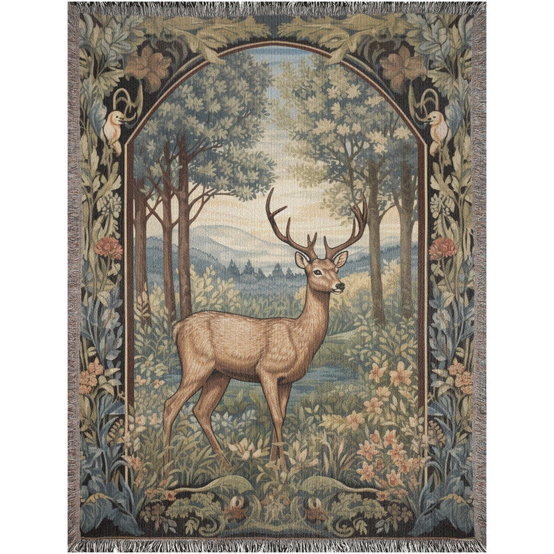 Cottagecore Woven Blanket, Deer Hunting Inspired Decor, William Morris Style Fairycore Woven Throw Tapestry Forest Botanical Man Cave Decor image 4