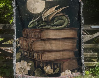 Fantasy Book Dragon Blanket, Reading Lover Medieval Woven Throw, Bookish Home Decor Tapestry
