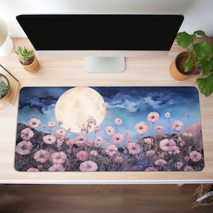 Celestial Desk Mat, Full Moon, Witch Aesthetic, Floral Desk Mat, Dark Academia, Dark Cottagecore Mousepad, XL Gaming, Extended Cute Desk Mat