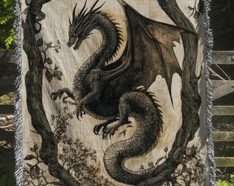 Dragon Woven Blanket, Gift For Dragon Lover Fantasy Tapestry Throw, Gothic Witchy Home Decor, Decorative Dragon Blanket, Medieval Dragon Art
