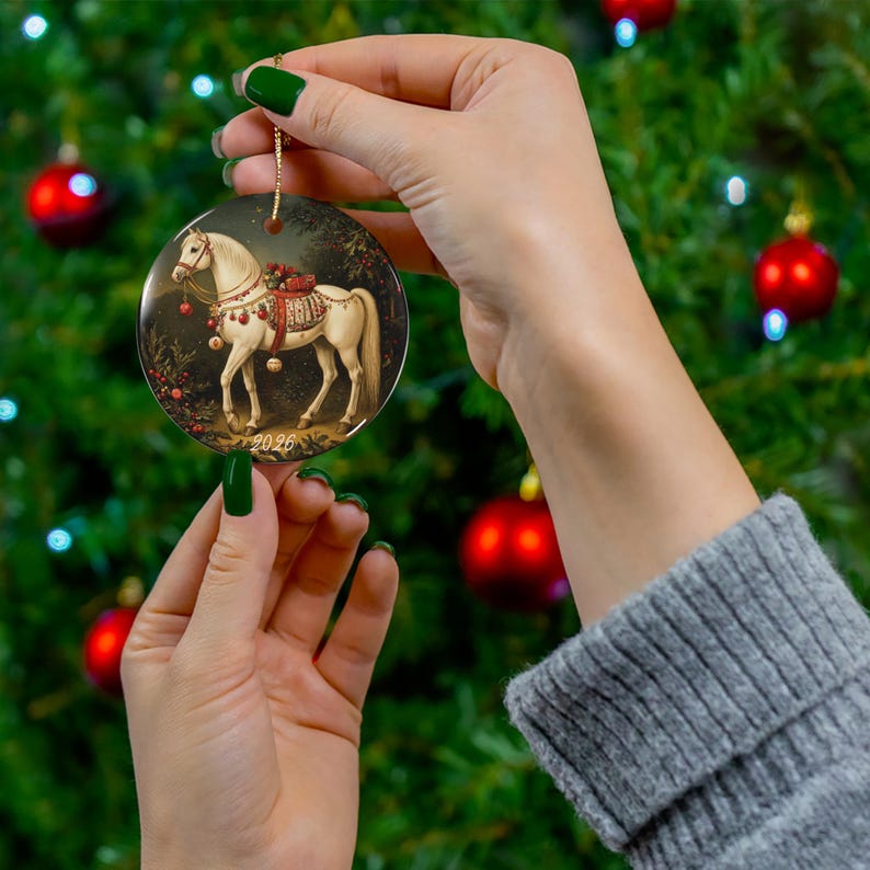 Weiße Weihnachtskugel mit Pferdemotiv, ideal als Geschenk für Pferdeliebhaber. Bild 5