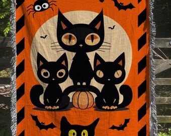 Halloween Black Cat Woven Blanket Throw, Halloween Spooky Season Decor, Cat Mom Gift, Halloween Lover Gift, Black Cat Goth Gift
