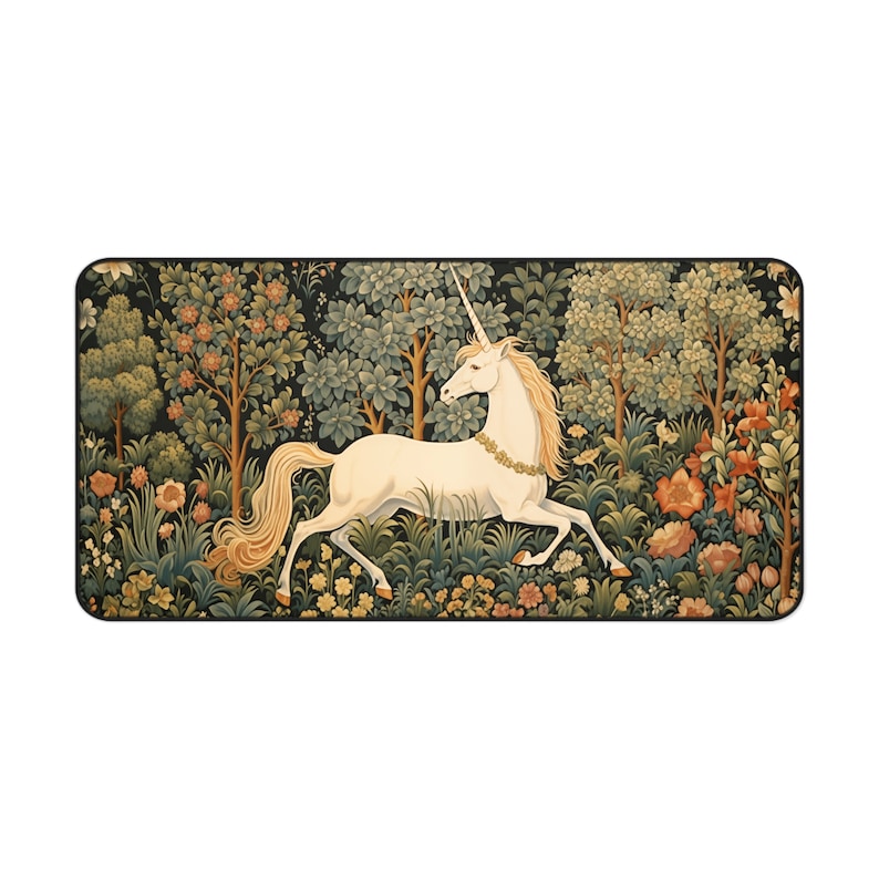 Tappetino da scrivania Cottagecore, tappetino per mouse vintage con unicorno, tappetino per mouse XL personalizzabile, tappetino esteso per scrivania ispirato alla natura con arazzo unicorno immagine 6