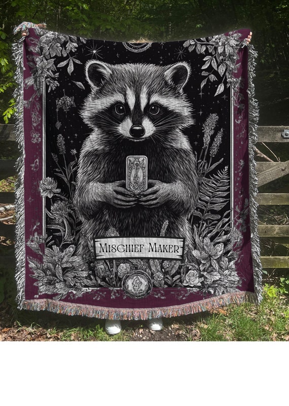 Cottagecore Raccoon Tarot Blanket, Raccoon Velveteen Blanket Throw Couch, Reading Blanket Throw, Woodland Animal Print, Tarot Card Blanket