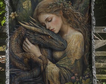 Cottagecore Woven Blanket, Dragon Fairytale Inspired Nursery Decor, William Morris Style Fairycore Woven Throw Tapestry Botanical