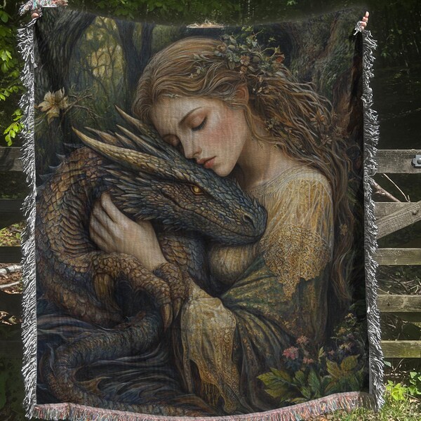 Cottagecore Woven Blanket, Dragon Fairytale Inspired Nursery Decor, William Morris Style Fairycore Woven Throw Tapestry Botanical
