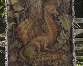 Cottagecore Dragon Woven Blanket, Fairytale Inspired Nursery Decor, William Morris Style Fairycore Woven Throw Tapestry Botanical