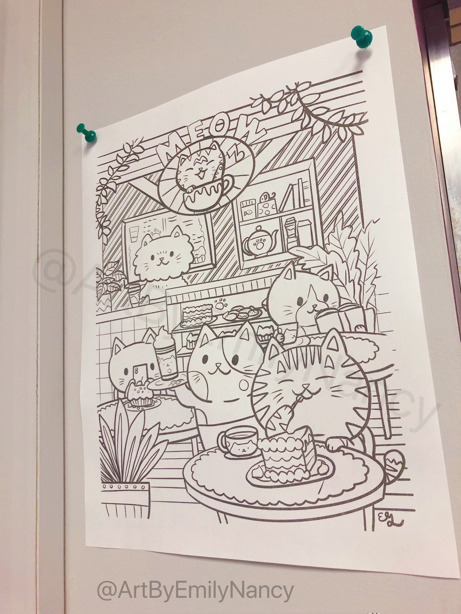 Cat Cafe Printable Coloring Page Download Etsy