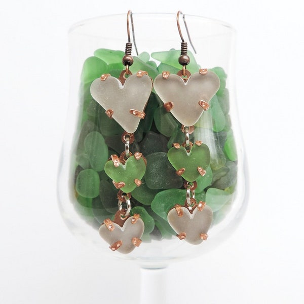 Copper and Sea Glass Earrings - Hearts earrings - Pendant earrings