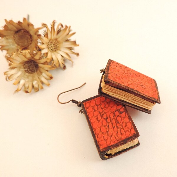 Miniature red books earrings - Wooden pyrograph decorated earrings - Handcarved earrings