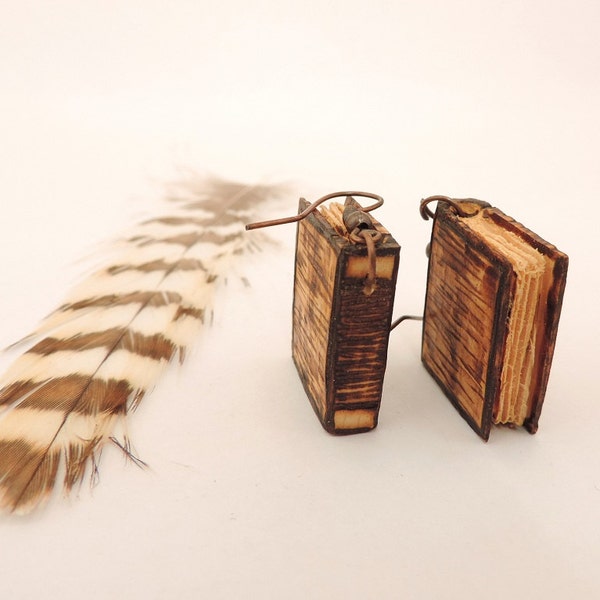 Miniature books earrings - Wooden pyrograph decorated earrings - Handcarved earrings