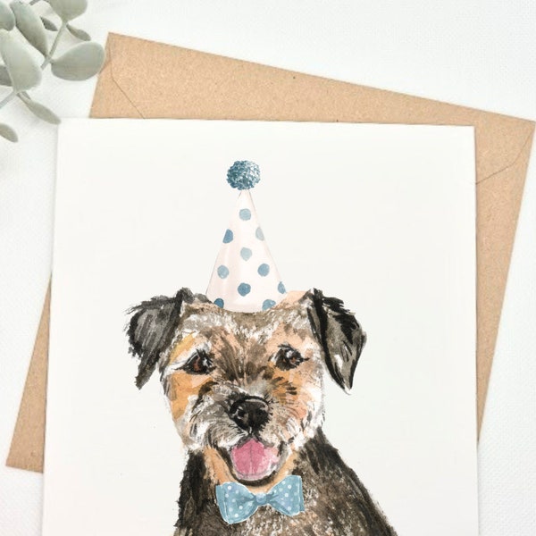 Border Terrier, Square Card, Birthday Card, Border Terrier Card, Birthday Hat, Dog Card