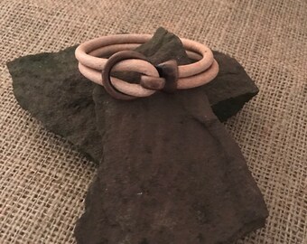 Minimalist vintage look distressed leather round buckle clasp bracelet Natural with Antique Copper S/M 6 3/4"