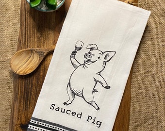SAUCED PIG Embroidered tea towel * kitchen towel * dish towel * country kitchen * hostess gift * funny tea towel * housewarming OTC