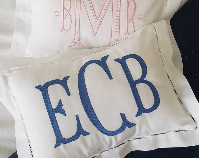 Large Monogram Boudoir Pillow/hemstitched Linen Monogrammed Pillow/sham