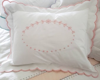 CLOSE OUT - Floral Frame Scallop Pillow Sham/Boudoir Pillow/Nursery Pillow/Baby Pillow/