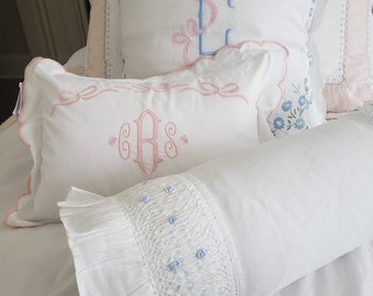 CLOSE OUT - Neckroll Pillow Sham/Ruffle Smocked Neckroll/Bolster Pillow/Nursery Pillow/Baby Pillow/Monogrammed Bedding