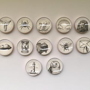 May include: A collection of twelve round, clear glass magnets with various black and white illustrations. Designs include an angel, spider, swan, rainbow, lion, cloud, hourglass, bear, bee, envelope, lighthouse, and owl. Each magnet has a light brown border.