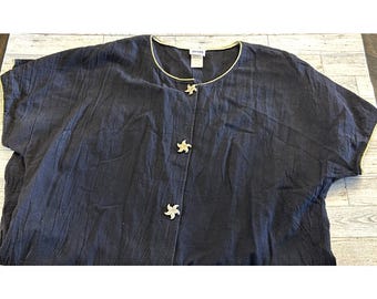Vintage AVON Style Black Gold Trim Starfish Short Sleeve Shirt Dress Midi SMALL