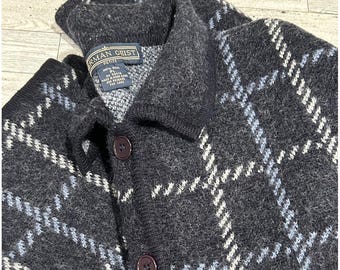 Vintage Herman Geist Sweater Women's PL Plaid 100% Wool Button Front Collared LG