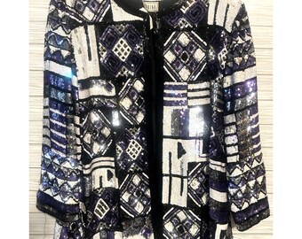 Carina Black Purple White Beaded On 100% Silk Jacket Formal Vintage 90s Medium
