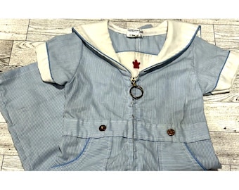 Vintage Chandler Baby Boy One Piece Outfit Sailor Blue White Stripes 12 months