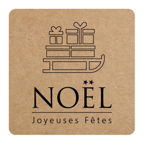 Etiquettes Autocollantes "NOËL Joyeuses Fêtes" Carré 3.5cm*3.5cm Luge