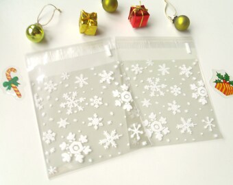 10 Pochettes Sachets Cadeaux Transparents Flocons Neige 9.8cmx10cm