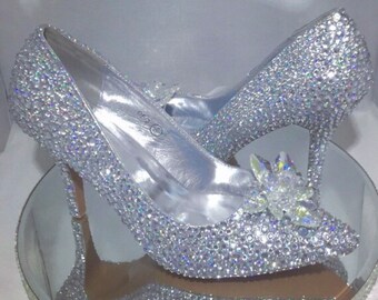 Cinderella crystal wedding shoes Swarovski style crystal flowers mid high heels bling bridal pumps