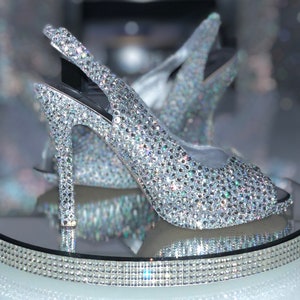 Wedding crystal shoes sling back low mid heel bride shoes prom pumps image 1