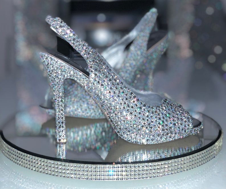 Wedding crystal shoes sling back low mid heel bride shoes prom pumps image 1