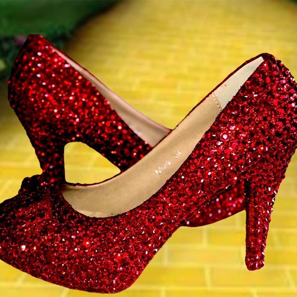 Ruby slippers shoes wizard of oz Dorothy ruby red crystals bridal wedding strass heels rhinestones Swarovski effect