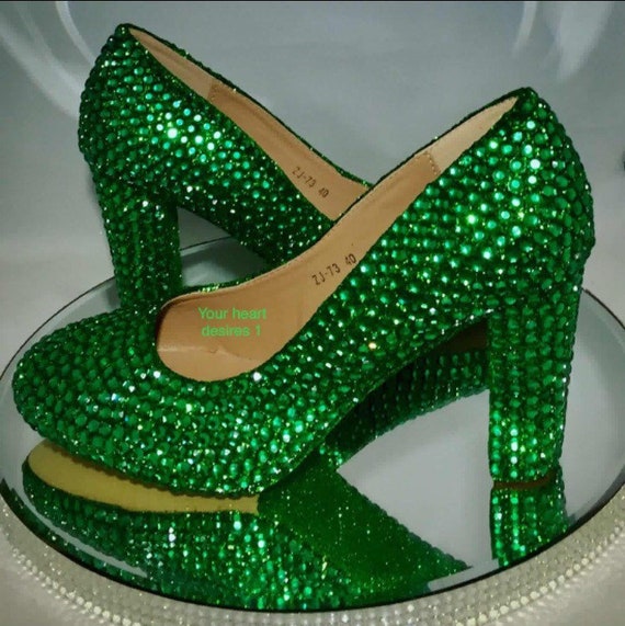 Emerald green shoes block heel crystal 