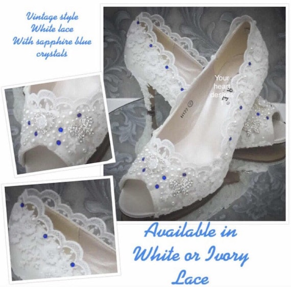 Wedding Shoes Vintage Lace Style Blue Crystals White Pearls Etsy