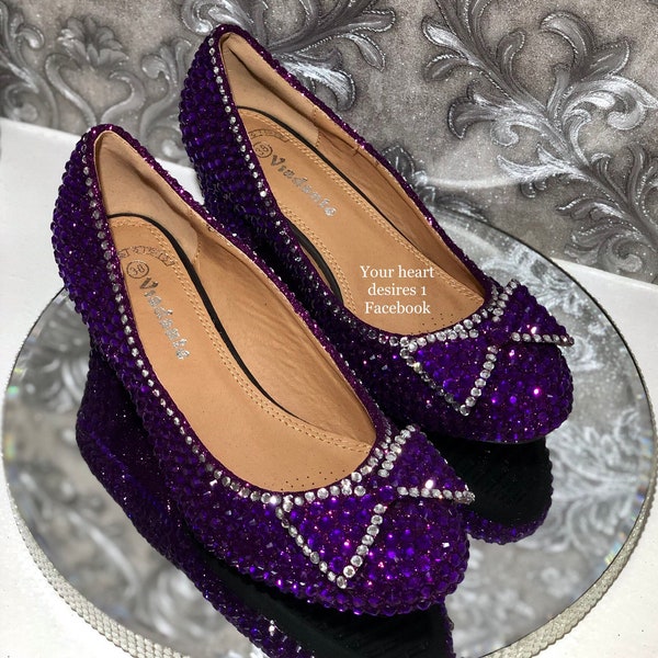 Purple crystal shoes wedding pumps bridal low heels prom quinceanera sweet 16