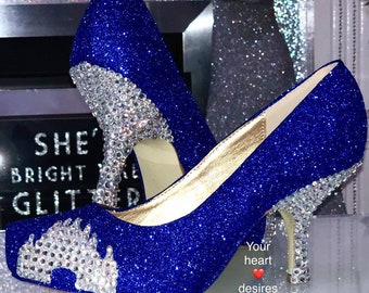 Blue wedding shoes crystal castle shoes bridal prom party cosplay shoes