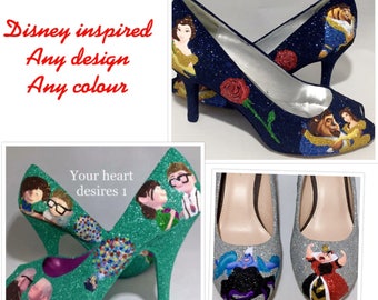 Custom shoes beauty and beast,princess,mermaid,mouse,fairy, alice, Cinderella betty boop any characters