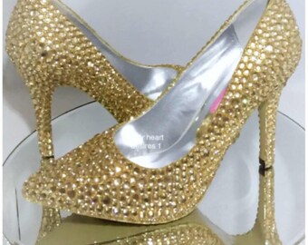 Gold wedding shoes Swarovski effects crystal pumps wedding bridal pumps