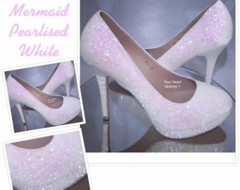 Unicorn sparkle shoes mid high heels personalised white glitter pumps Christmas shoes