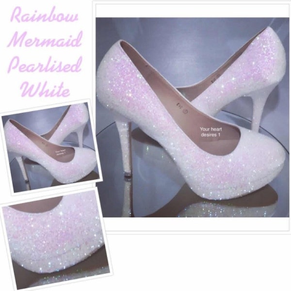 Unicorn sparkle shoes mid high heels personalised white glitter pumps Christmas shoes
