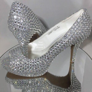 Wedding crystal shoes sling back low mid heel bride shoes prom pumps image 3