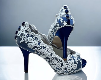 Navy wedding shoes with vintage off White or ivory lace navy heel pumps  bridal  heels shoes