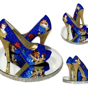 Wedding shoes beauty and beast crystal belle blue heels bridal pumps
