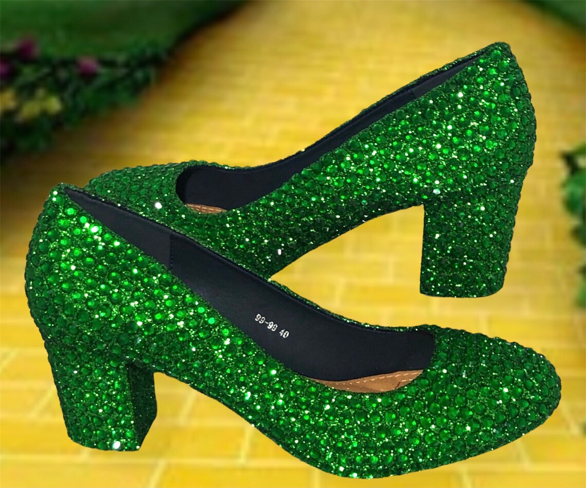 Emerald Green Shoes Block Heel Crystal Pumps Wedding Bridal Etsy